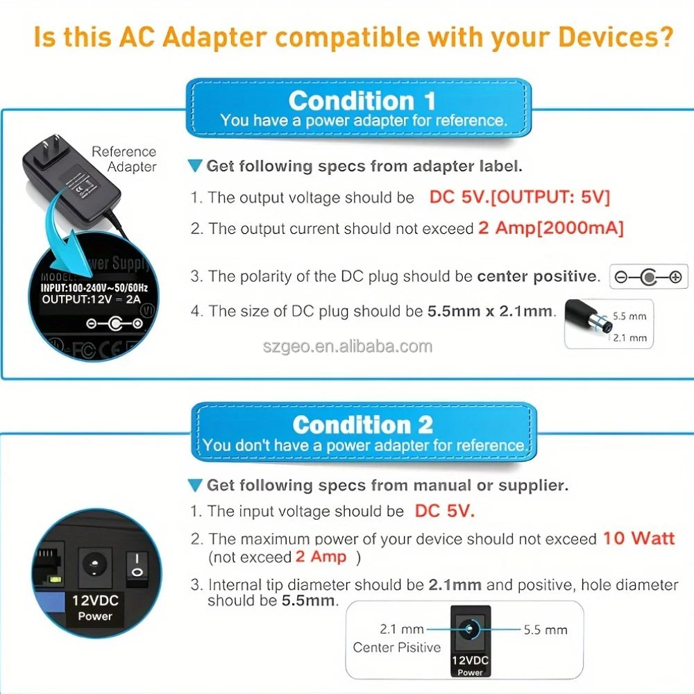 5V 2A AC to DC Wall-mounted Power Adapter US Plug with Multiple Interchangeable Plugs,Wide Compatibility for Various Electronics