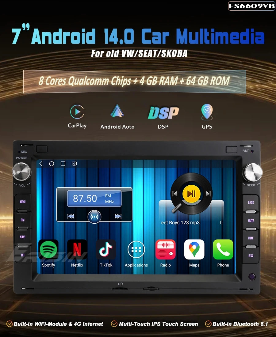 EU Erisin ES6609VB 7" Android 14 Car Radio CarPlay GPS DAB+ 4G SIM OBD2 IPB Split Screen Stereo TV for VW SEAT SKODA Auto