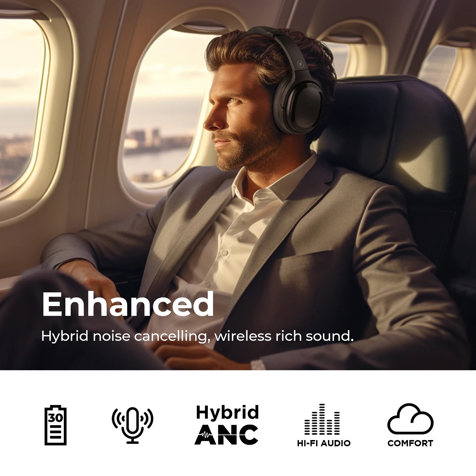 Hybrid ANC Wireless Headphones Over-ear BT5.2 Headset 35H Long Playtime Earphones