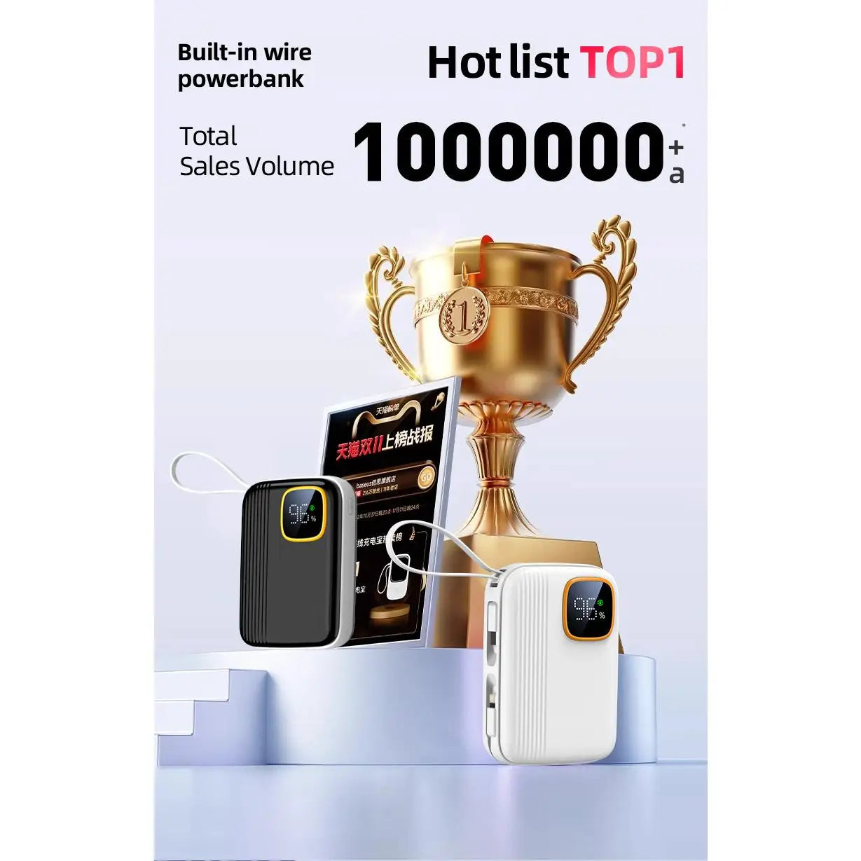 High Capacity 10000mAh Plastic Li-Polymer Battery Outdoor Portable Power Bank LED Display Screen Fast Charging 3A Current 25W