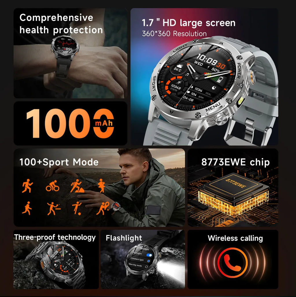 AK87 Outdoor Smart Watch Big Screen 1.7" HD Large Screen 100+ Sports BT Call Flashlight Compass Fitcloudpro IP68 SOS Smartwatch