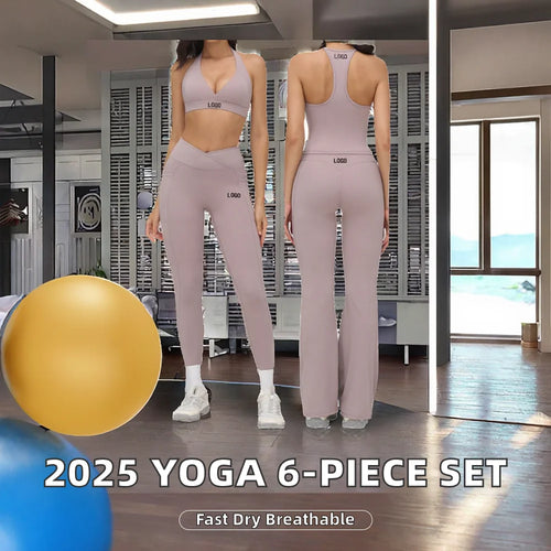 2025 Lightweight Seamless Quick Drying Breathable Yoga 6-Piece Fitness Gym Wear Yoga Bra High Waist Leggings Yoga Sets for Women