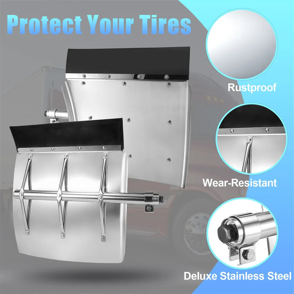 24"x24" Stainless Steel Quarter Fender Set Mud Flap Hangers with Single Bolt Mounting Brackets Fit for Semi Truck Trailer, 2PCS