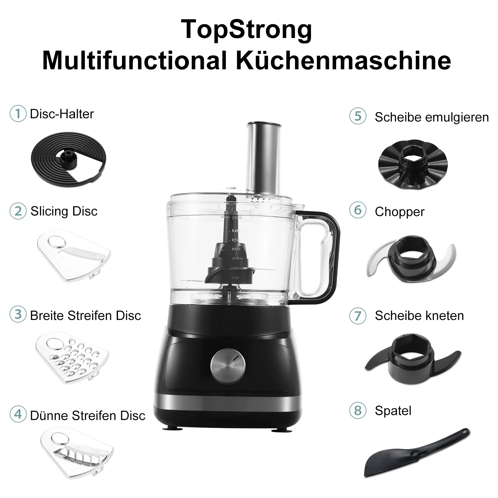 Black/Silver Food Processor, 6-in-1 Food Processor and Blender Multifunctional for Chopping,Slicing,Shredding and Kneading Dough