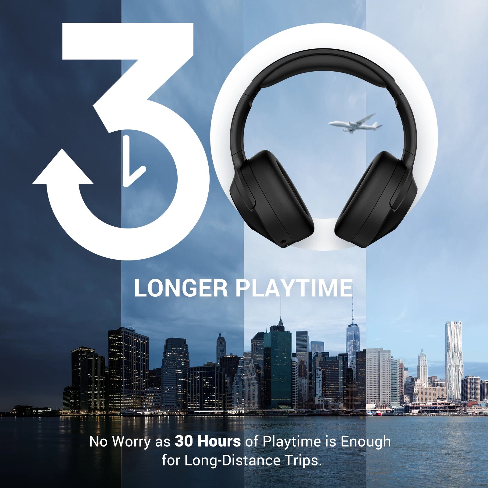 Hybrid Noise Cancelling Headphones with Deep Bass Wireless Headphones with Hi-Fi Audio,Memory Foam Ear Cups and 30H Play Time