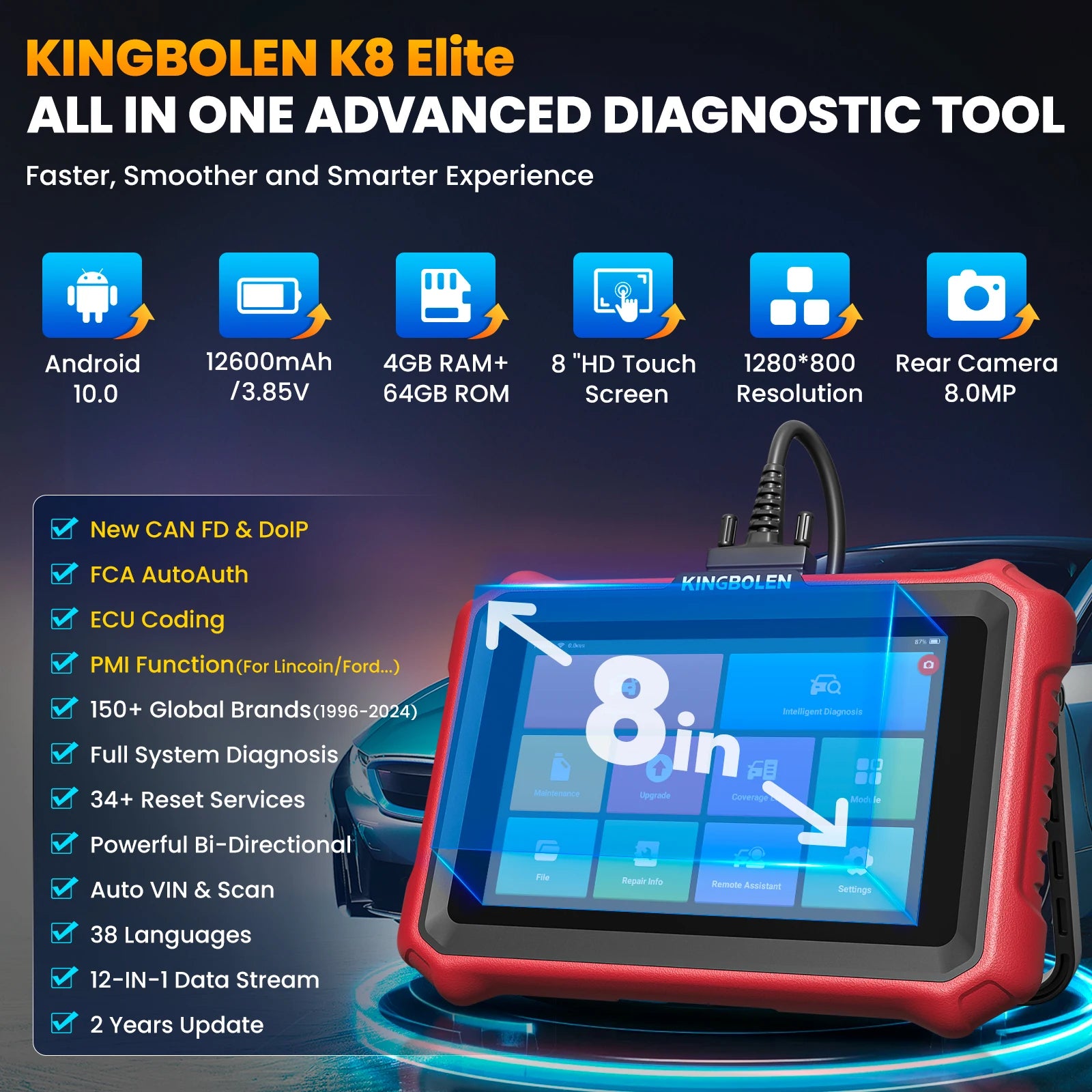 USA EU Warehouse Kingbolen K8 Elite Full System OBD2 Scanner for All Cars CANFD DOIP with 34 Resets Lifetime Free Update
