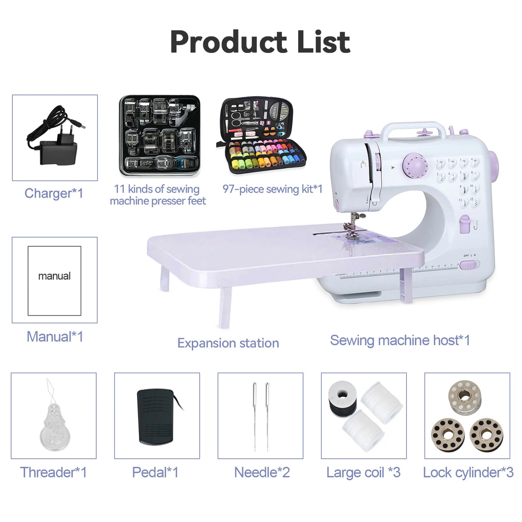 505A 12-Stitches Electric Sewing Machine Mini Household Double Thread Sewing Machine 11pcs Presser Feet 97pcs Sewing Kit EU 220V