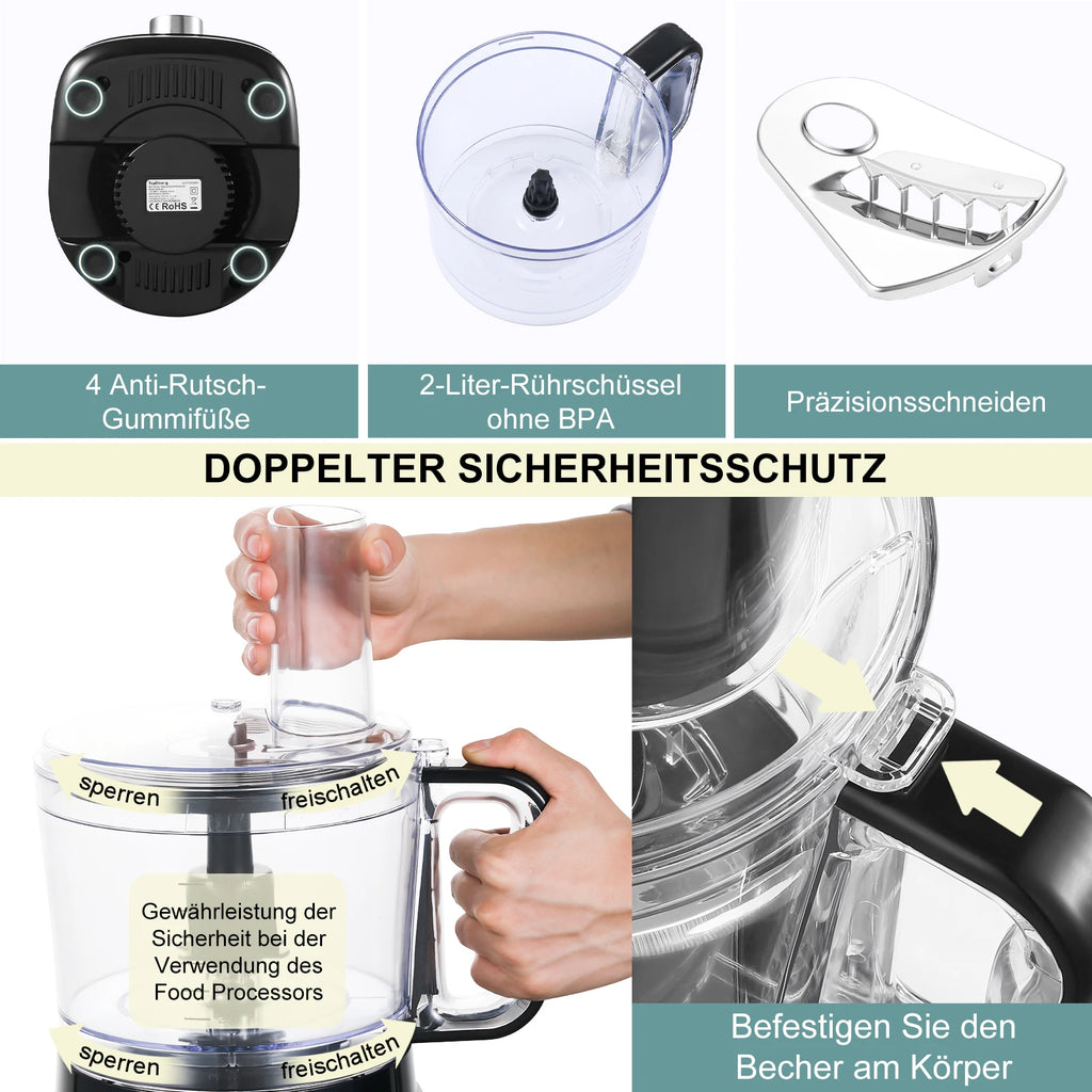 Black/Silver Food Processor, 6-in-1 Food Processor and Blender Multifunctional for Chopping,Slicing,Shredding and Kneading Dough
