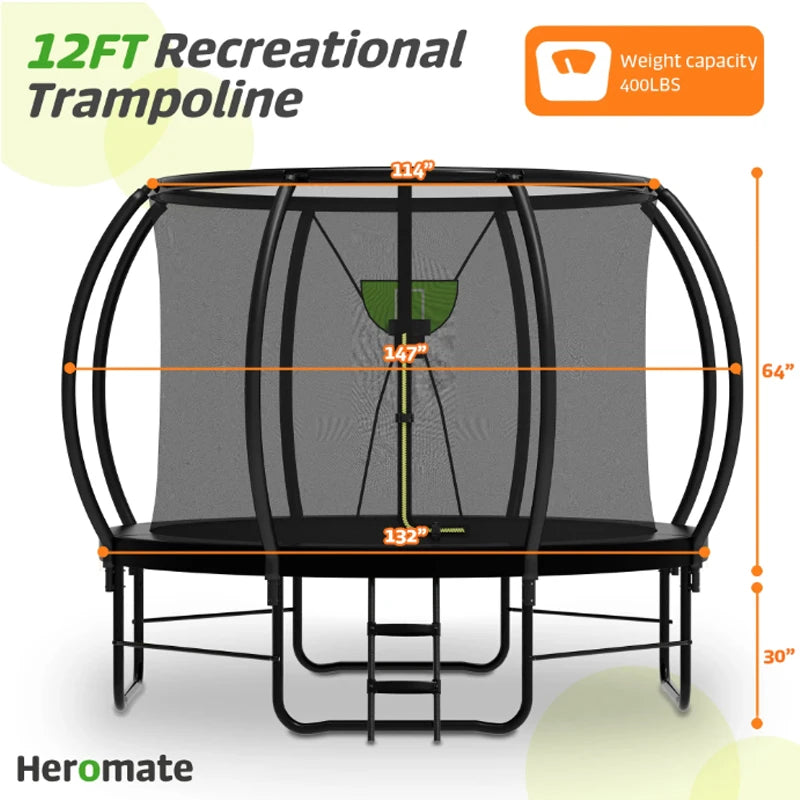 Zoshine 12FT Round Trampoline with Enclosure Net and Non-slip Ladder Curved Pole Heavy Duty Trampoline in Stock