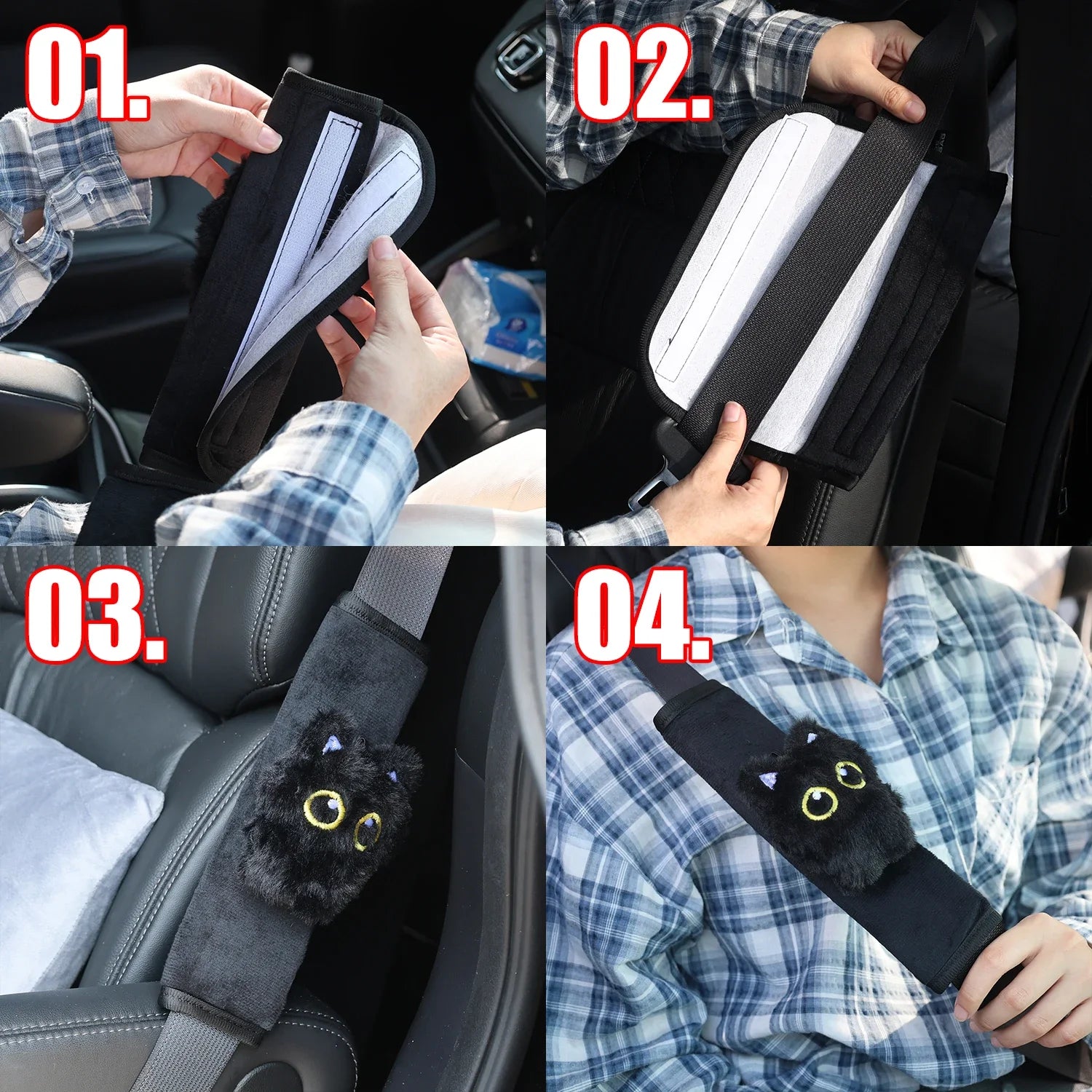 New Black Cat Plush Seat Belt Cover Cute Animal Car Shoulder Pad Pillow for Women Safety Belt Protector Gift for Cat Lovers