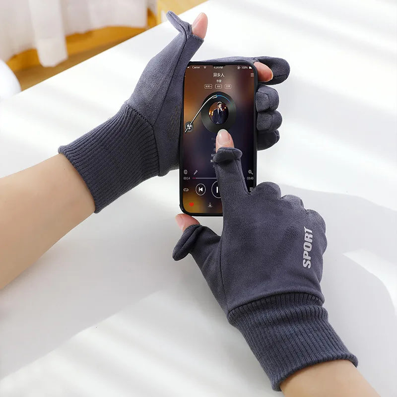 Men's Cycling Gloves Suede Warm Winter Autumn Driving Fleece Gloves Touch-Screen Soft Flip-Top Windproof Run Anti-Slip Gloves