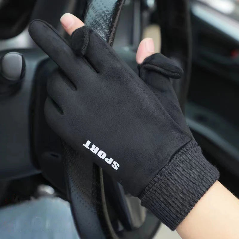 Men's Cycling Gloves Suede Warm Winter Autumn Driving Fleece Gloves Touch-Screen Soft Flip-Top Windproof Run Anti-Slip Gloves