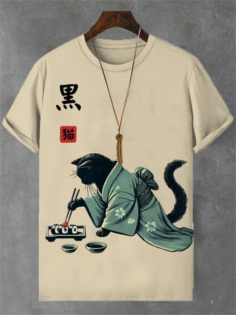 Funny Cat Japanese Ukiyo-e Graphic T Shirts Fashion Trend Short Sleeve Mens 3D Printed T-shirts Loose Streetwear Hip Hop Tees