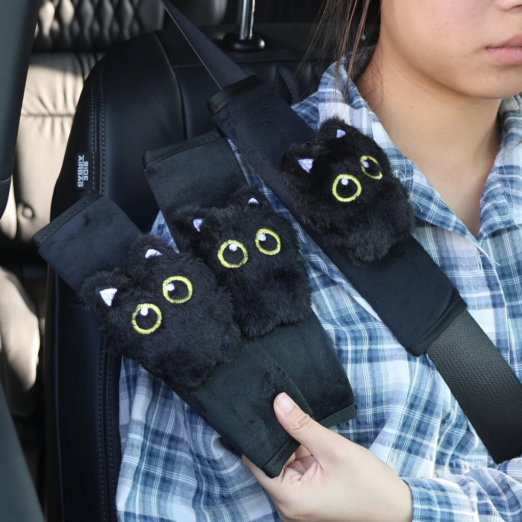 New Black Cat Plush Seat Belt Cover Cute Animal Car Shoulder Pad Pillow for Women Safety Belt Protector Gift for Cat Lovers