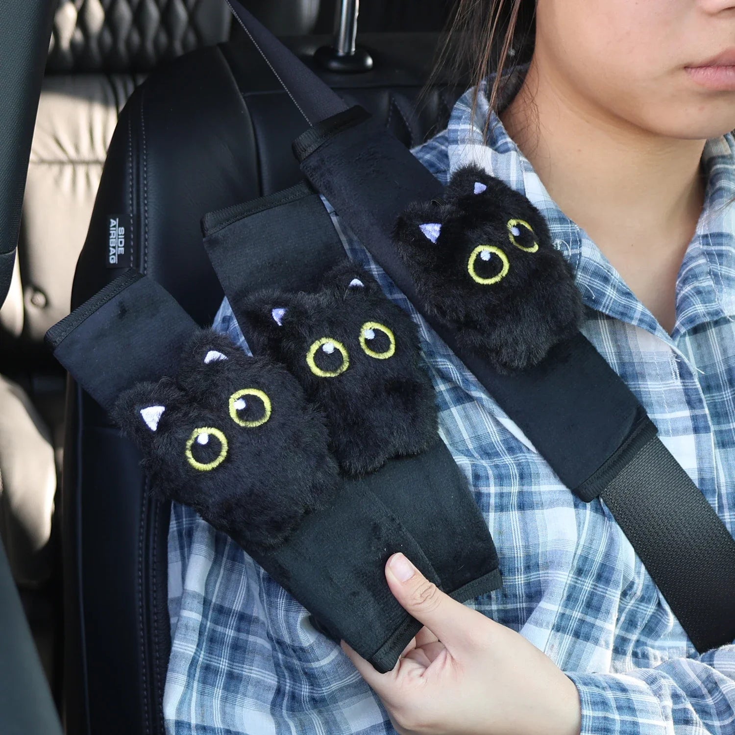 New Black Cat Plush Seat Belt Cover Cute Animal Car Shoulder Pad Pillow for Women Safety Belt Protector Gift for Cat Lovers