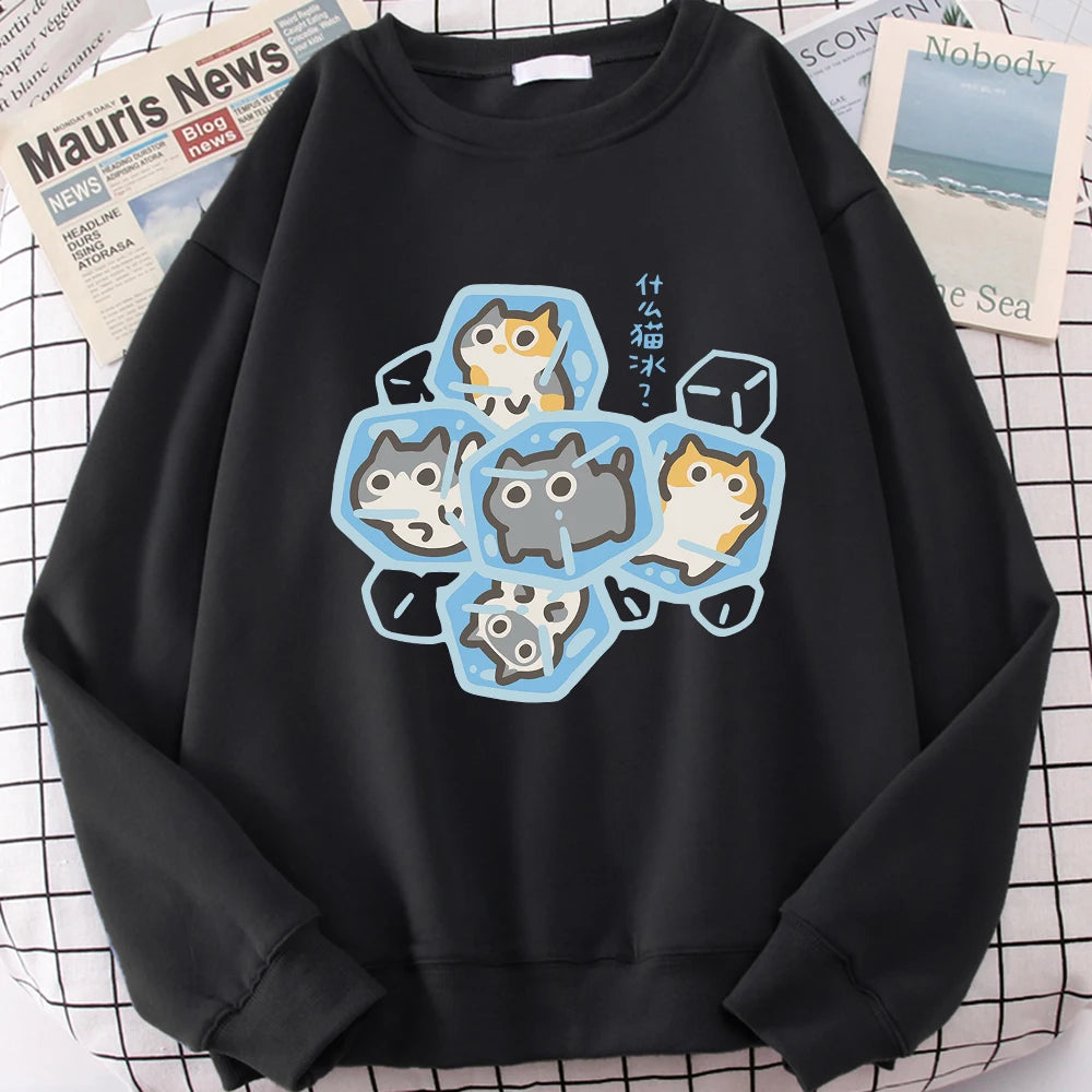 Ice Cat Fun Cartoons Cats Cute Print Sweatshirt Men Women Harajuku Crewneck Hoodie Autumn Prints Sportswear Hip Hop Loose Hoody
