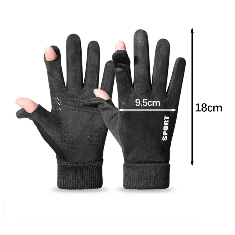 Men's Faux Suede Winter Gloves Soft Anti-Slip Windproof Cycling Hiking Driving Flip-Tops Ribbed Cuff for Delivery