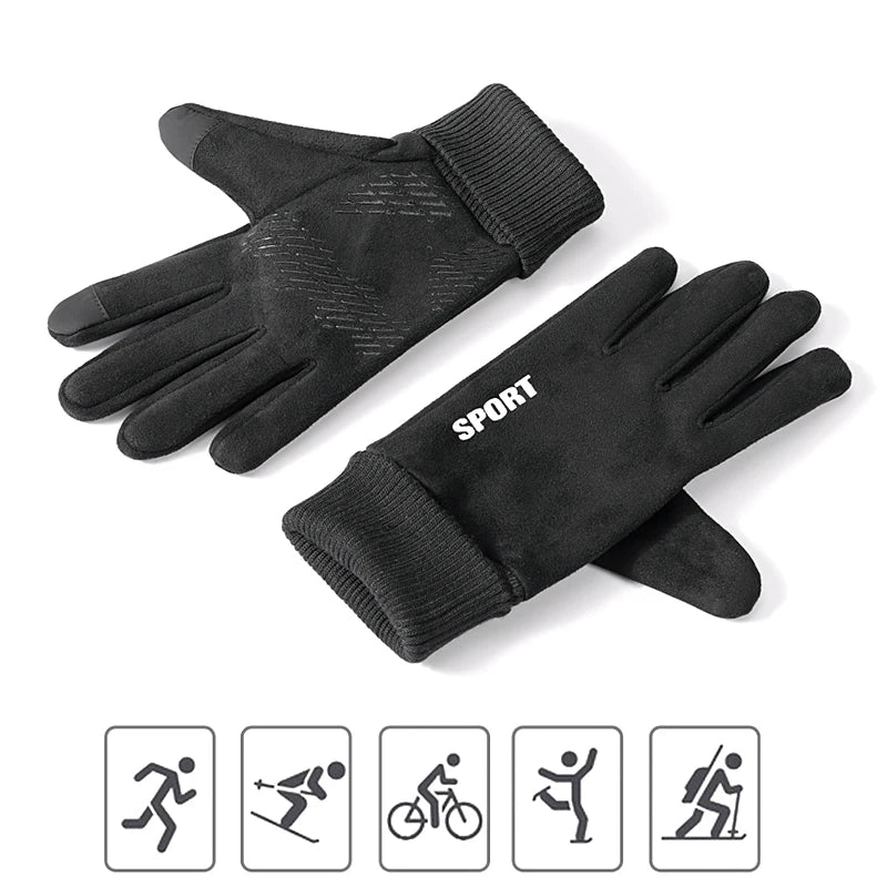 Men's Cycling Gloves Suede Warm Winter Autumn Driving Fleece Gloves Touch-Screen Soft Flip-Top Windproof Run Anti-Slip Gloves
