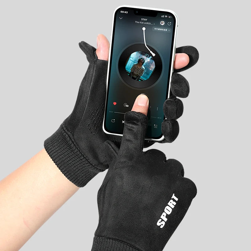 Men's Faux Suede Winter Gloves Soft Anti-Slip Windproof Cycling Hiking Driving Flip-Tops Ribbed Cuff for Delivery