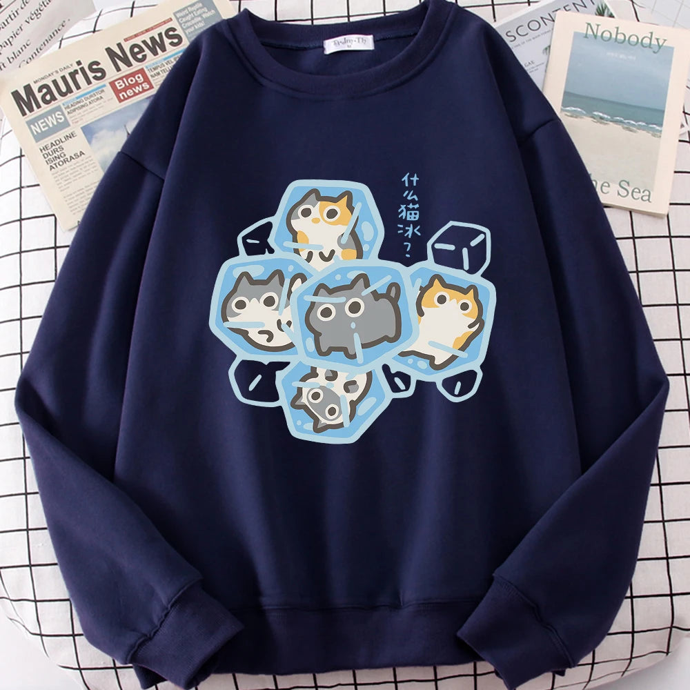 Ice Cat Fun Cartoons Cats Cute Print Sweatshirt Men Women Harajuku Crewneck Hoodie Autumn Prints Sportswear Hip Hop Loose Hoody