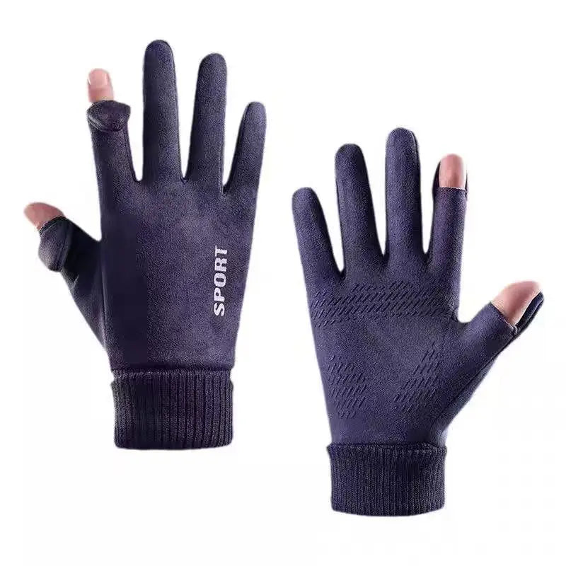 Men's Cycling Gloves Suede Warm Winter Autumn Driving Fleece Gloves Touch-Screen Soft Flip-Top Windproof Run Anti-Slip Gloves