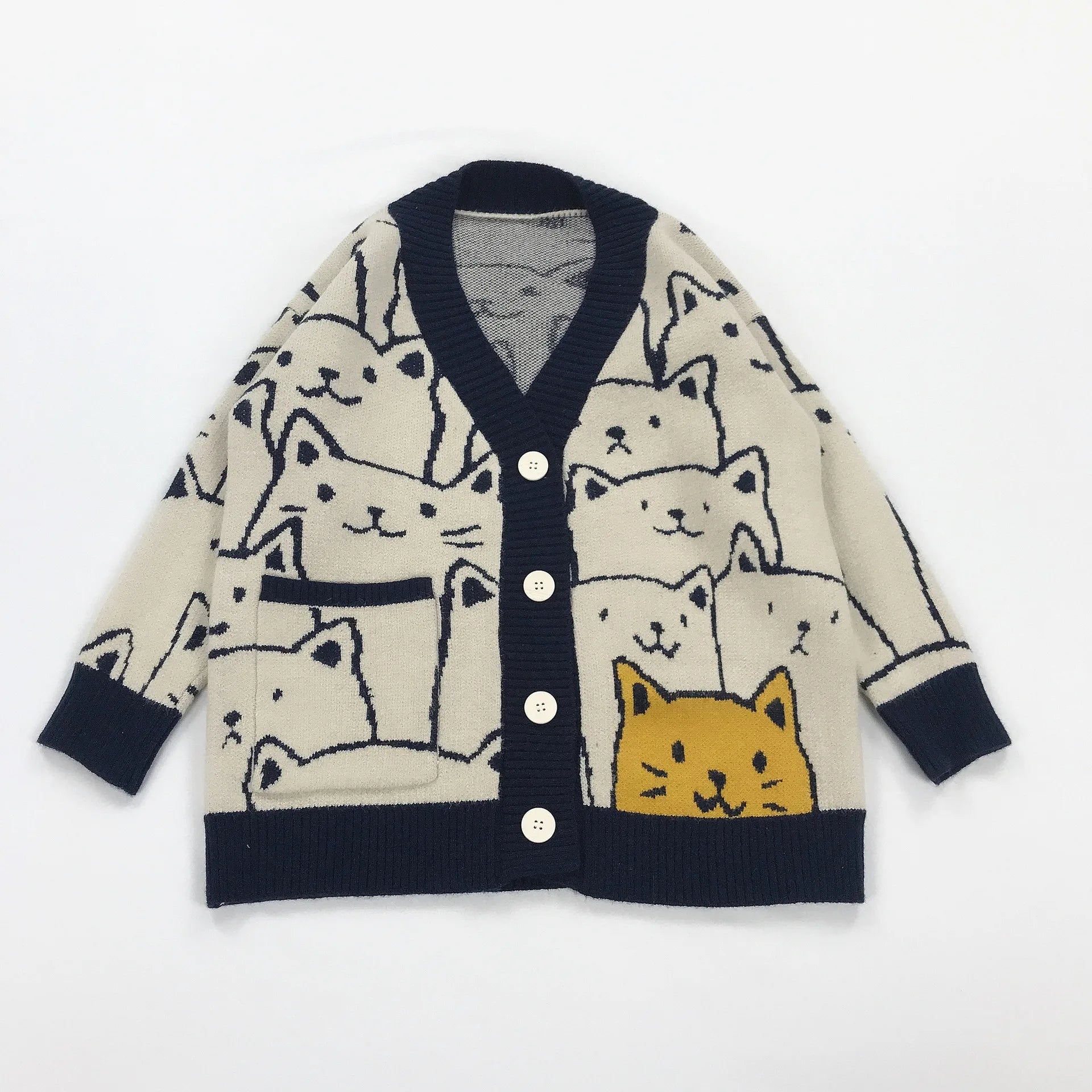 Harajuku Cartoon Cat Cardigan Sweater Men Streetwear Pattern College Knitwear Casual Knitted Japanese Knit Jacket Women Unisex