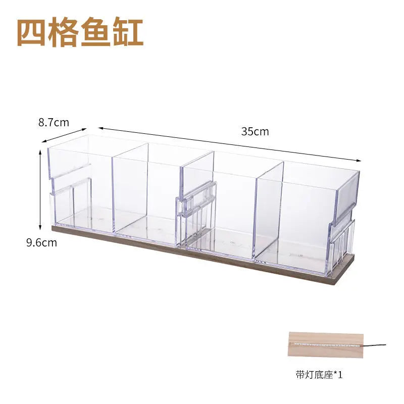 A small barrel-shaped fish tank with a built-in lighting system, a tabletop miniature landscape, and a mini aquarium s