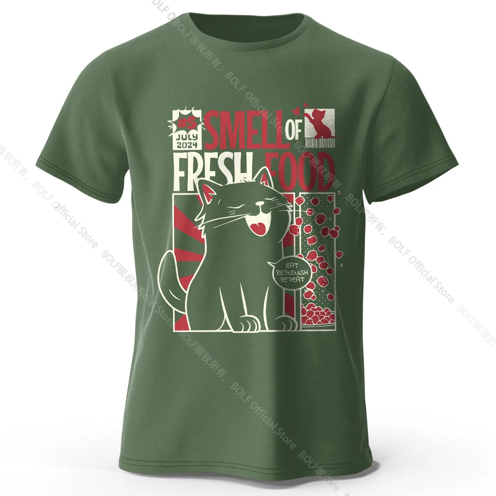 Men's Cat Printed T-Shirt 100% Organic Cotton Relaxed Fit Hand Painted Design Tee for Adults Quirky Fashion