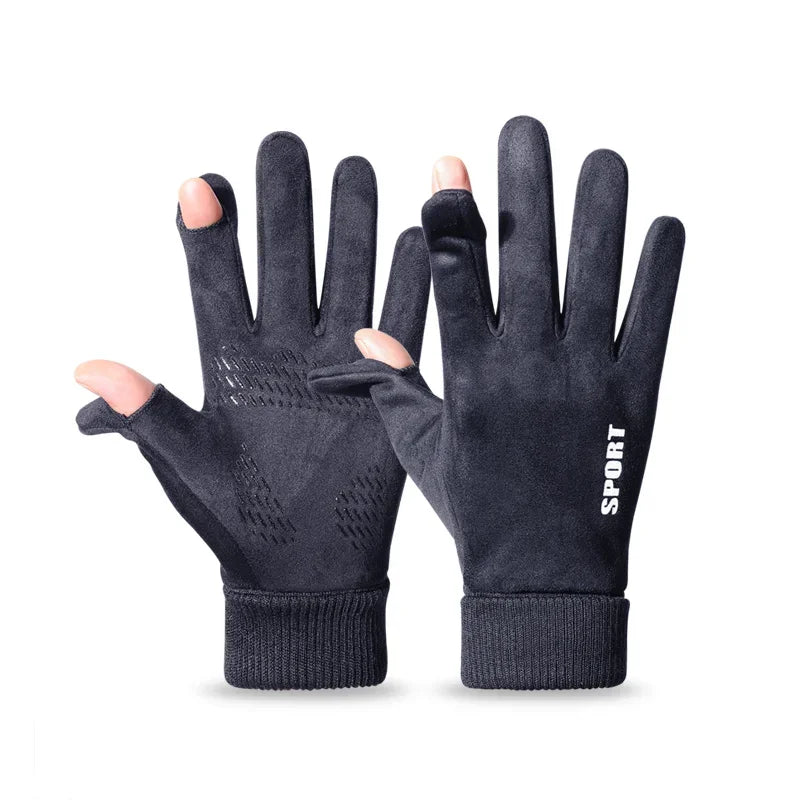Men's Faux Suede Winter Gloves Soft Anti-Slip Windproof Cycling Hiking Driving Flip-Tops Ribbed Cuff for Delivery
