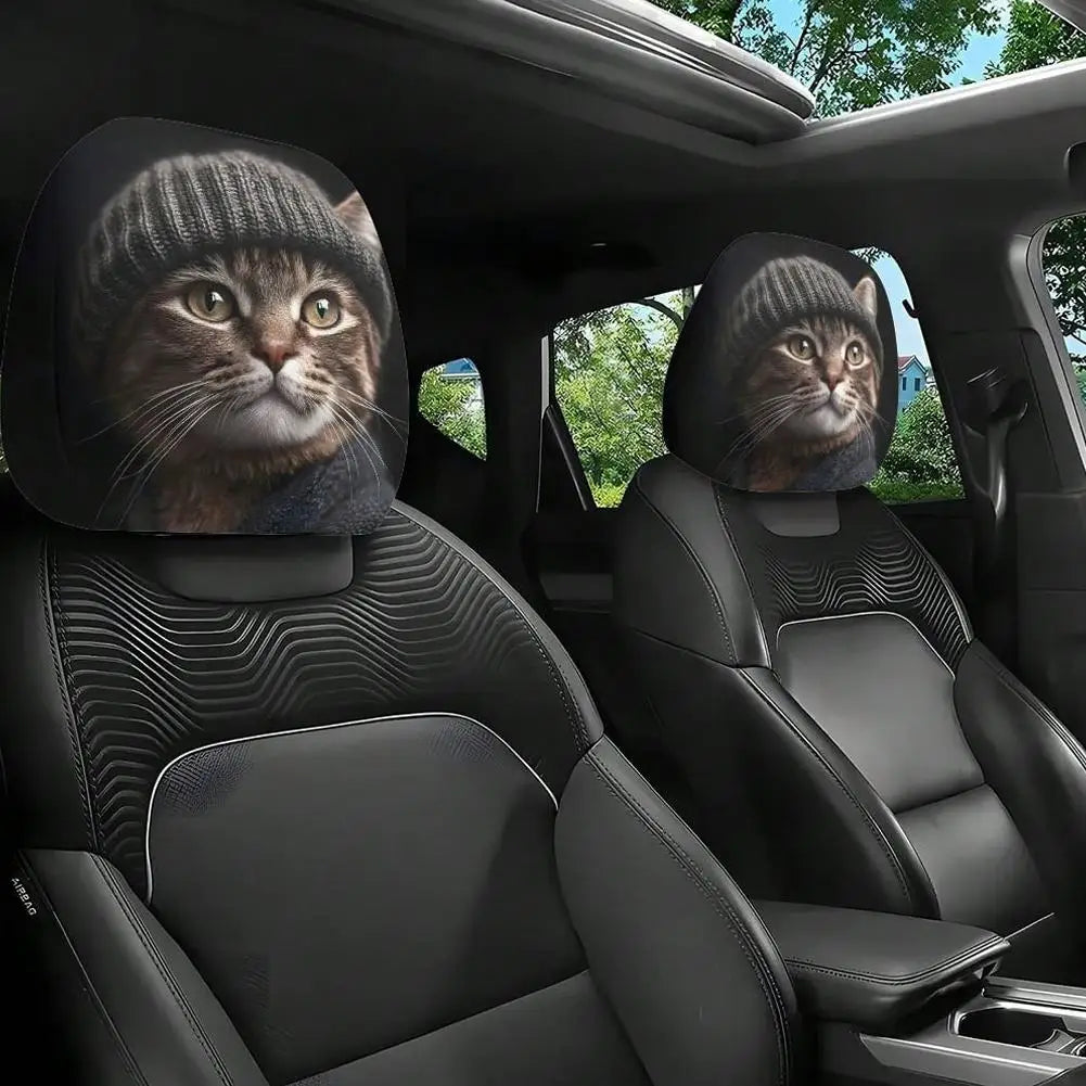 2PCS Universal Cat Car Headrest Covers Stretchable Funny Bear Dog Headrest Cover Elastic Car Head Pillowcase Car Interior Decor