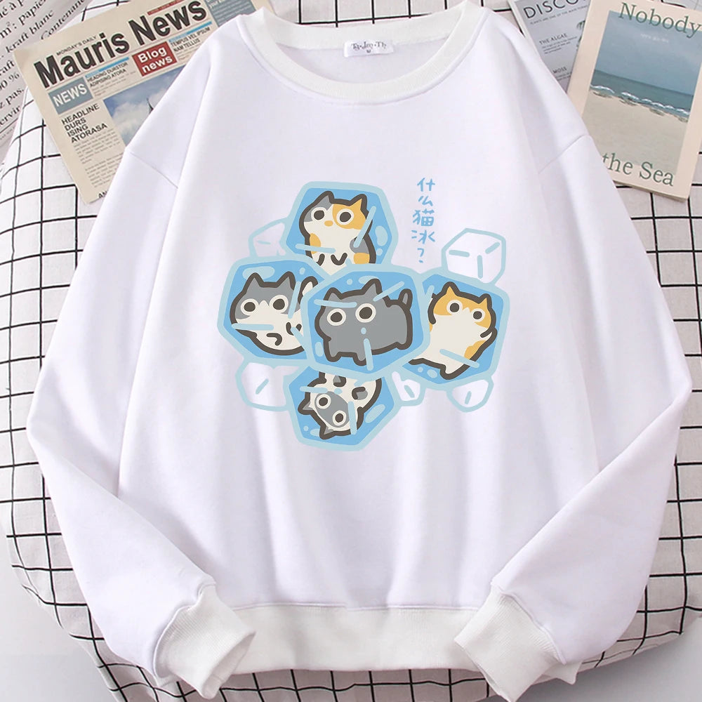 Ice Cat Fun Cartoons Cats Cute Print Sweatshirt Men Women Harajuku Crewneck Hoodie Autumn Prints Sportswear Hip Hop Loose Hoody