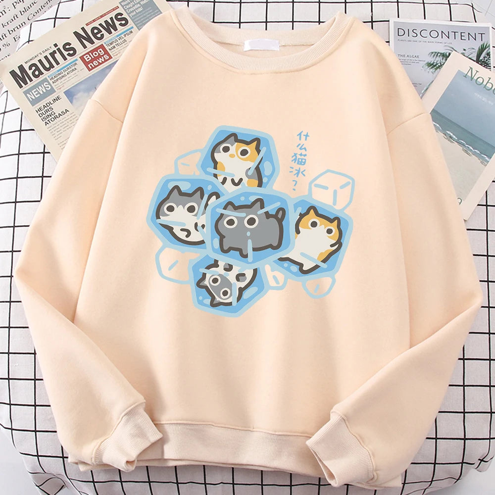 Ice Cat Fun Cartoons Cats Cute Print Sweatshirt Men Women Harajuku Crewneck Hoodie Autumn Prints Sportswear Hip Hop Loose Hoody