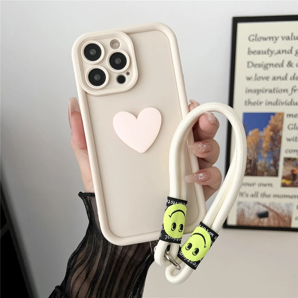 3D Love Heart Wrist Chain Phone Case For Xiaomi Mi POCO X6 Pro X5 X3 NFC F6 M6 Pro NFC POCO C65 C75 Silicone Strap Lanyard Cover
