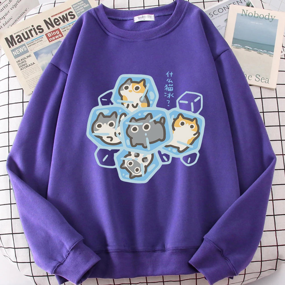 Ice Cat Fun Cartoons Cats Cute Print Sweatshirt Men Women Harajuku Crewneck Hoodie Autumn Prints Sportswear Hip Hop Loose Hoody