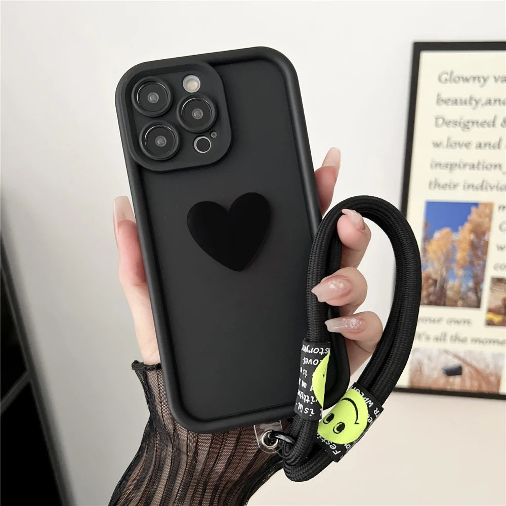 3D Love Heart Wrist Chain Phone Case For Xiaomi Mi POCO X6 Pro X5 X3 NFC F6 M6 Pro NFC POCO C65 C75 Silicone Strap Lanyard Cover