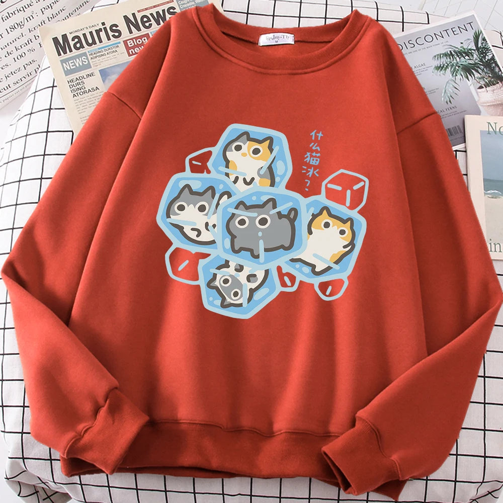 Ice Cat Fun Cartoons Cats Cute Print Sweatshirt Men Women Harajuku Crewneck Hoodie Autumn Prints Sportswear Hip Hop Loose Hoody