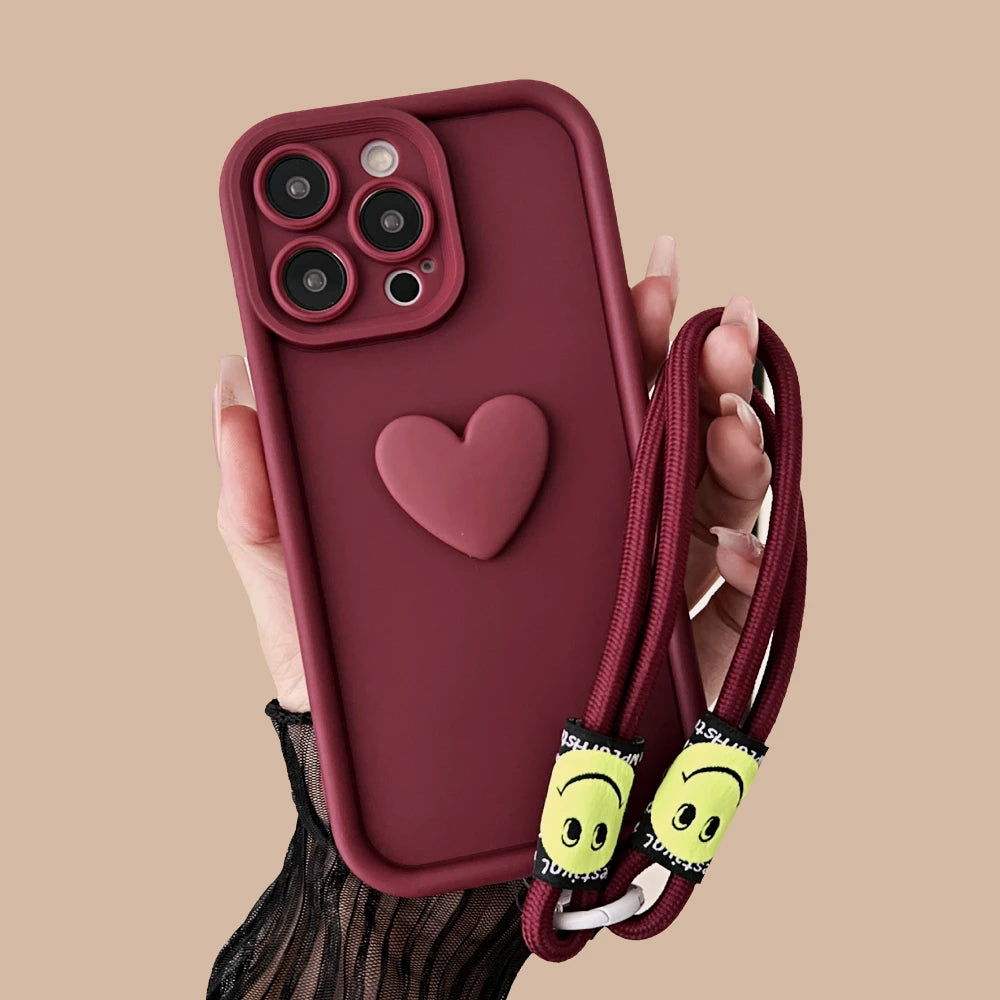 3D Love Heart Wrist Chain Phone Case For Xiaomi Mi POCO X6 Pro X5 X3 NFC F6 M6 Pro NFC POCO C65 C75 Silicone Strap Lanyard Cover