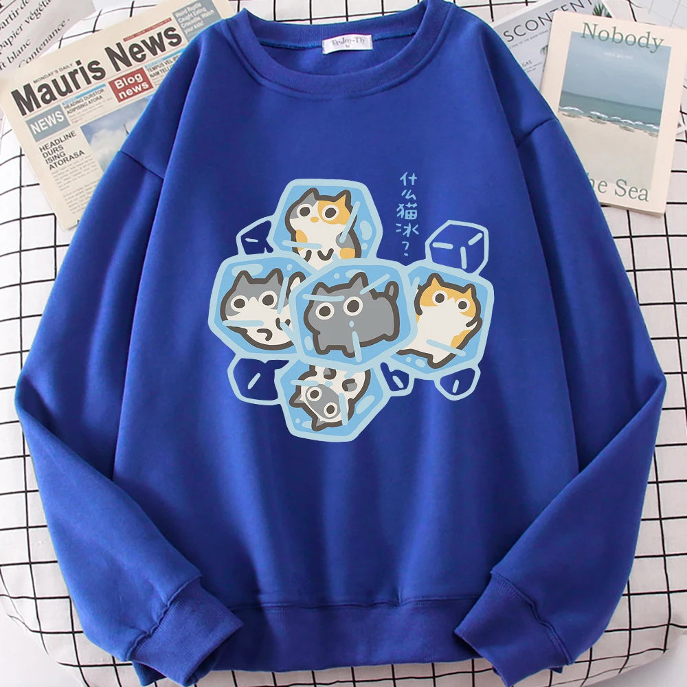 Ice Cat Fun Cartoons Cats Cute Print Sweatshirt Men Women Harajuku Crewneck Hoodie Autumn Prints Sportswear Hip Hop Loose Hoody