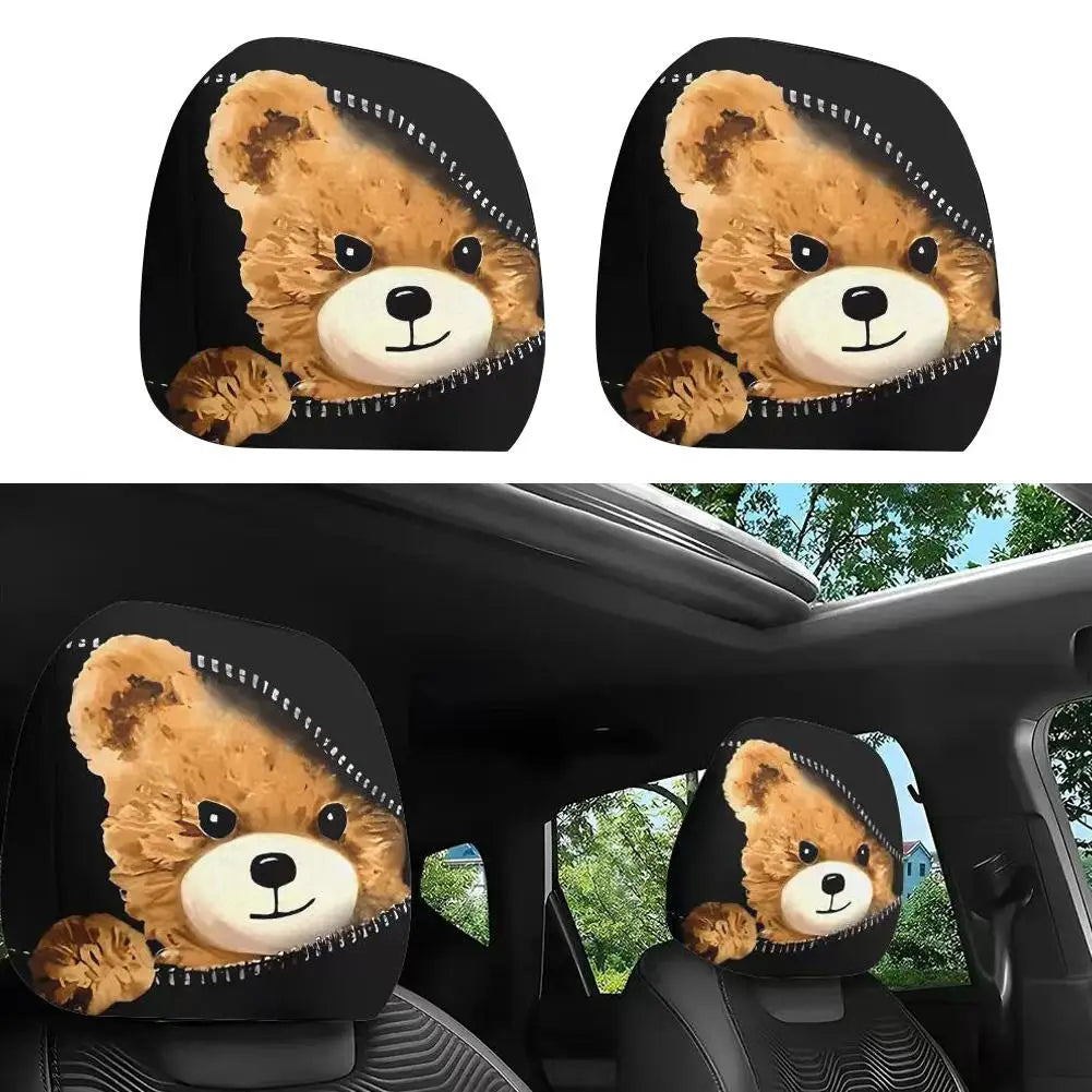 2PCS Universal Cat Car Headrest Covers Stretchable Funny Bear Dog Headrest Cover Elastic Car Head Pillowcase Car Interior Decor