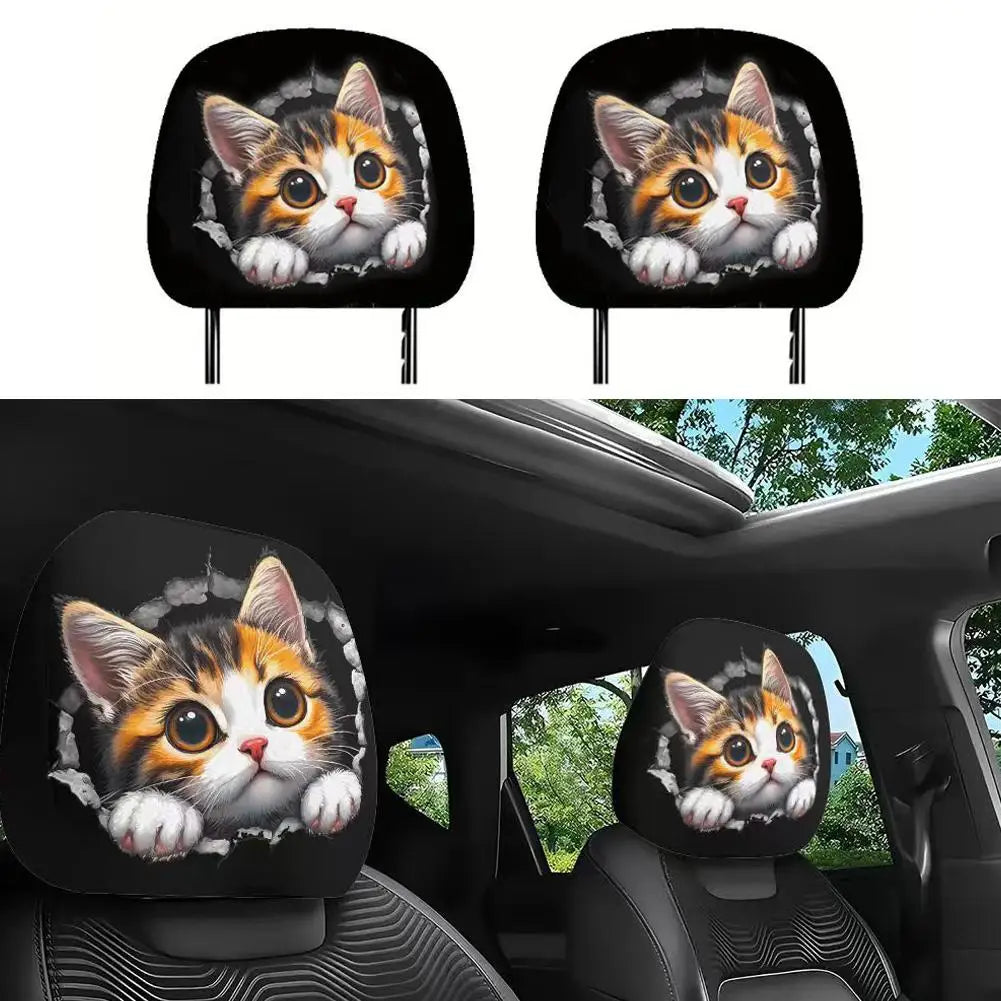 2PCS Universal Cat Car Headrest Covers Stretchable Funny Bear Dog Headrest Cover Elastic Car Head Pillowcase Car Interior Decor