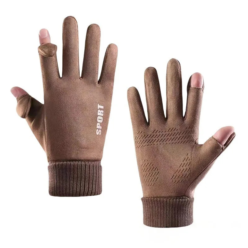 Men's Cycling Gloves Suede Warm Winter Autumn Driving Fleece Gloves Touch-Screen Soft Flip-Top Windproof Run Anti-Slip Gloves