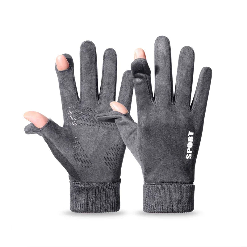 Men's Faux Suede Winter Gloves Soft Anti-Slip Windproof Cycling Hiking Driving Flip-Tops Ribbed Cuff for Delivery