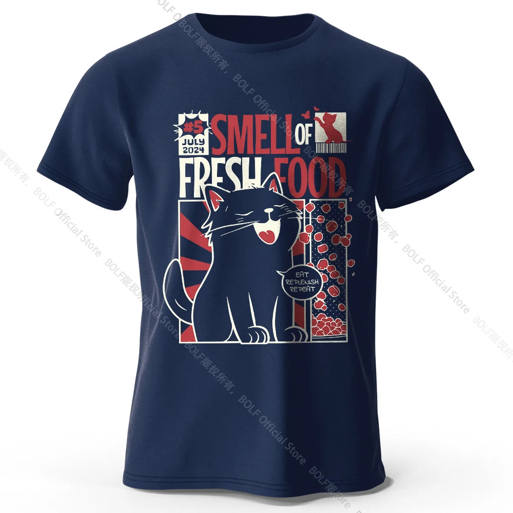 Men's Cat Printed T-Shirt 100% Organic Cotton Relaxed Fit Hand Painted Design Tee for Adults Quirky Fashion