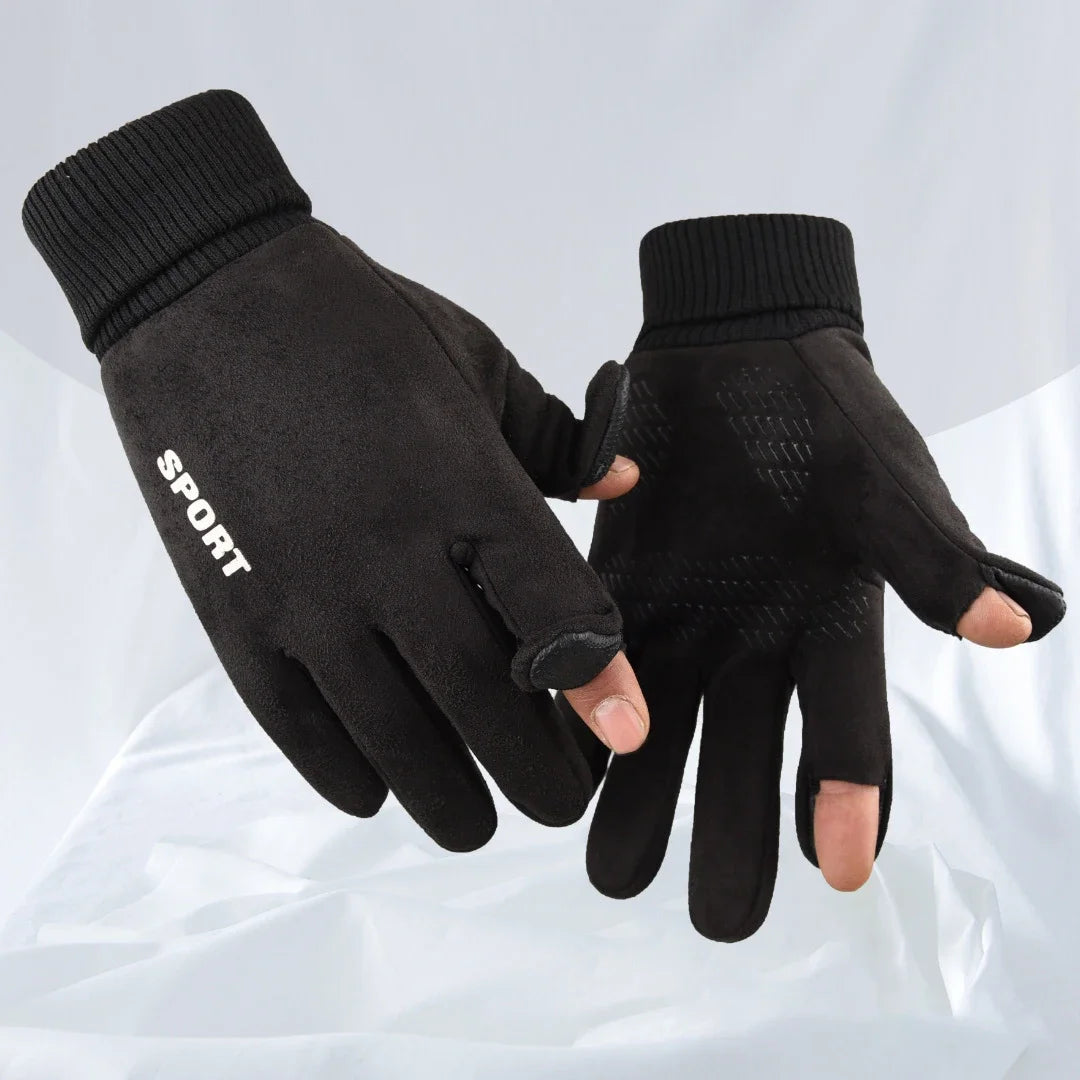 Men's Faux Suede Winter Gloves Soft Anti-Slip Windproof Cycling Hiking Driving Flip-Tops Ribbed Cuff for Delivery