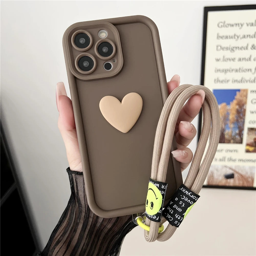 3D Love Heart Wrist Chain Phone Case For Xiaomi Mi POCO X6 Pro X5 X3 NFC F6 M6 Pro NFC POCO C65 C75 Silicone Strap Lanyard Cover