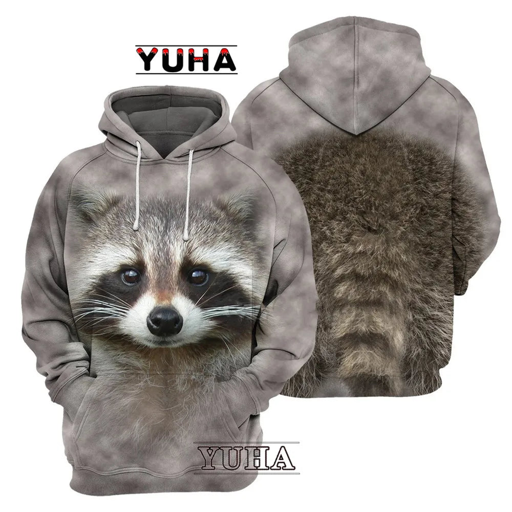 Animals Wolf /Raccoon/Cat Men Hoodies 3D Graphic Front and Back Pullover Tops Casual Sweatshirts Harajuku Clothing