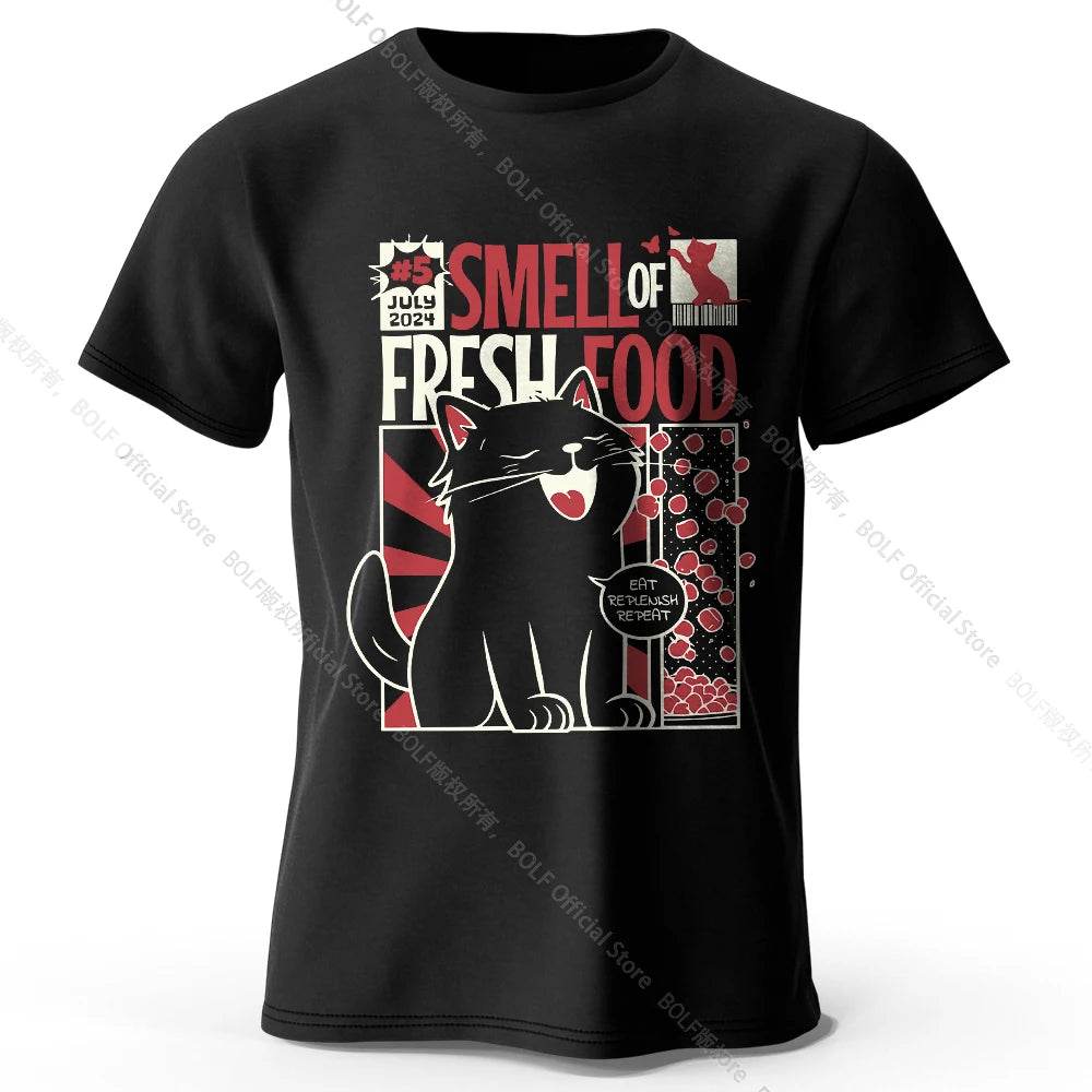 Men's Cat Printed T-Shirt 100% Organic Cotton Relaxed Fit Hand Painted Design Tee for Adults Quirky Fashion