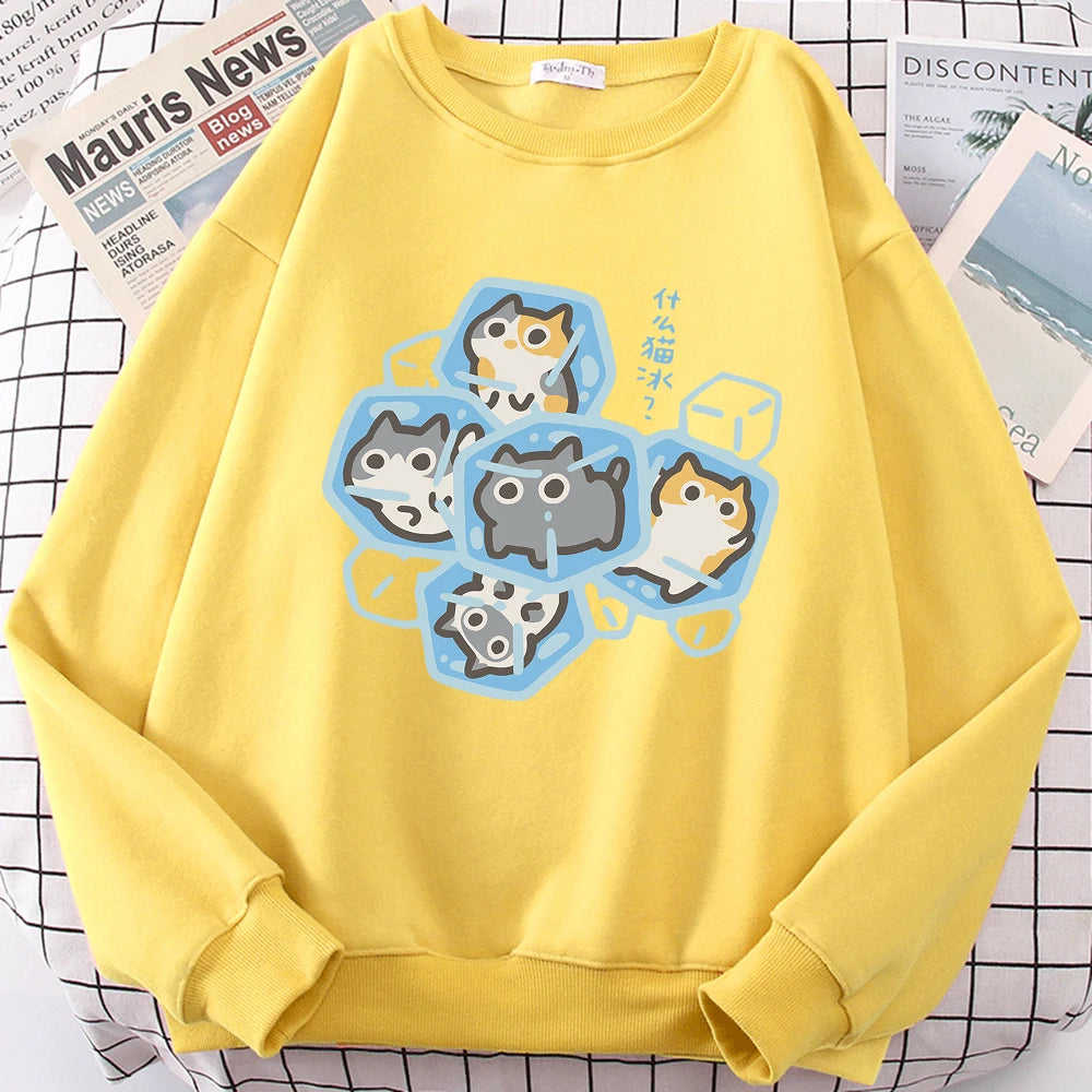 Ice Cat Fun Cartoons Cats Cute Print Sweatshirt Men Women Harajuku Crewneck Hoodie Autumn Prints Sportswear Hip Hop Loose Hoody
