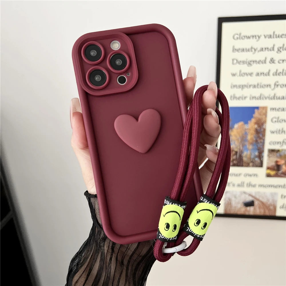 3D Love Heart Wrist Chain Phone Case For Xiaomi Mi POCO X6 Pro X5 X3 NFC F6 M6 Pro NFC POCO C65 C75 Silicone Strap Lanyard Cover