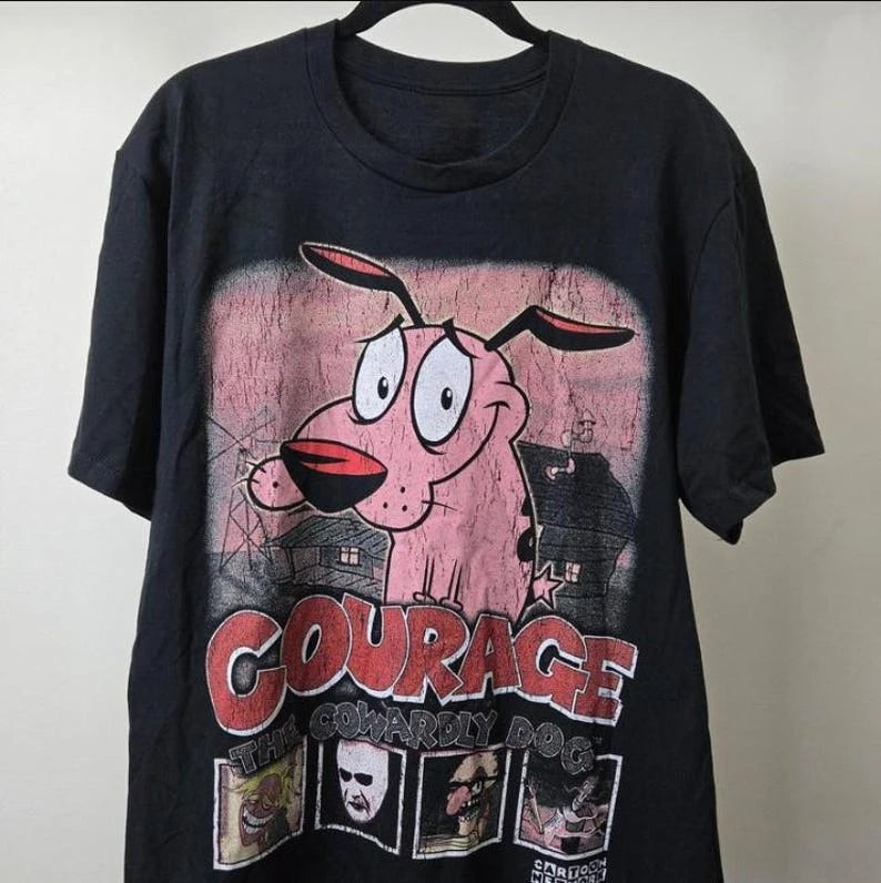 Vintage Courage the Cowardly Dog Cartoon Print Short Sleeve T-Shirt Retro Unisex Graphic Tee 90s Nostalgia Summer Streetwear Top